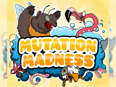Mutation Madness box cover illustration 2d art animals bear branding card cartoon design flamingo games illustraion illustration logo mutated mutation table tabletop