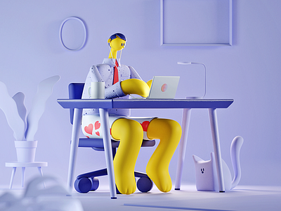 Working from home... 🦶🦶 3d 3d character cat character corona coronavirus freelance laptop modeling plant render underpants working workspace