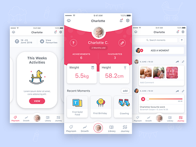 Baby Stimulation Mobile App for Parents activity baby clean colourful illustration isoflow mobile moments stimulation ui user interface