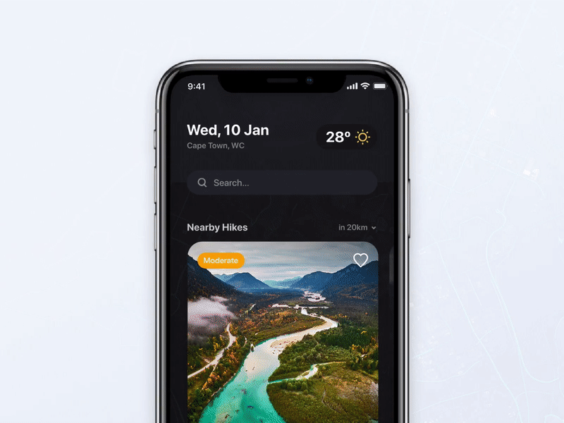 iPhoneX Hike App animation dark ui explore hike iphonex minimal mobile principle ui ux