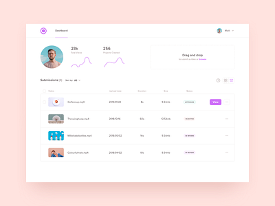 Over Artist Dashboard analytics application cards clean dashboard design drag and drop list list view minimal status submissions ui upload ux videos web