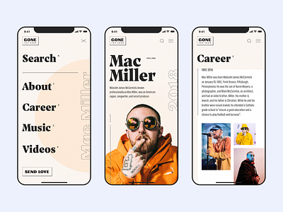 Tribute to Mac Miller - Artists lookup about artists career clean images ios iphone x lookup mac miller menu minimal mobile musicians navigate navigation typogaphy