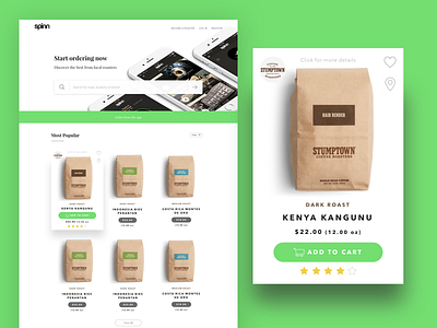 Spinn Coffee Marketplace coffee ecommerce green interface marketplace shop uiux