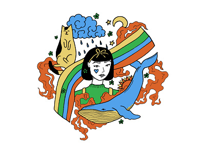 one girl's world blue cat design green illustration moon orange rain rainbow sun whale woman world yellow