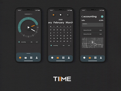 TIIME app - dark app app ui calendar clean clean ui dark app dark mode design minimal skeuomorphism soft ui time tracking ui ux