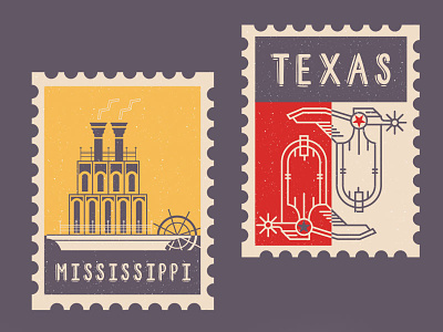 Fiesta On State Stamps cowboy boot illustration mississippi river boat stamps texas two tone