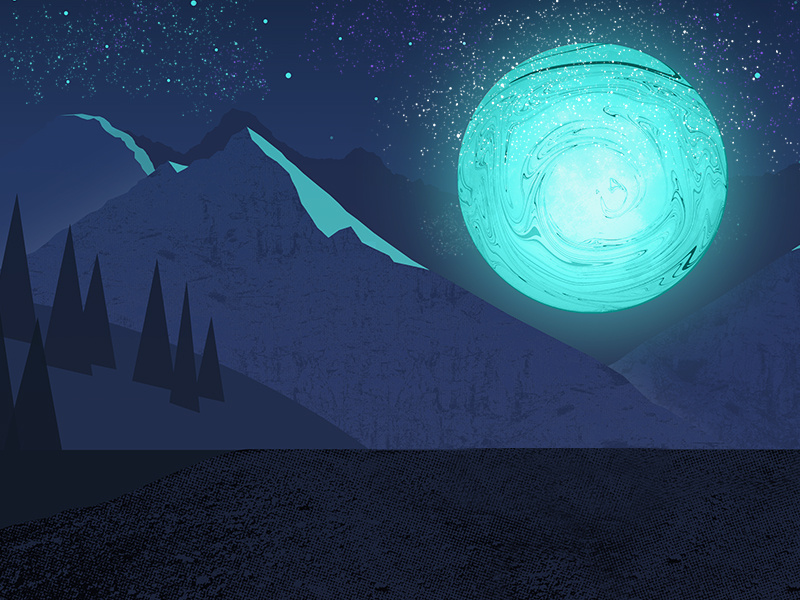 Cosmic Moon Illustration stardust hills mountains nighttime mystery texture illustration night galaxy stars cosmic moon