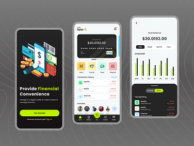Mobile App: iOS Android App UI branding dark theme design e wallet finance fintech illustration mobile app mobile developer ui user interface