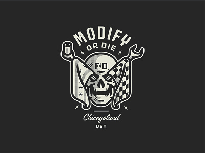 Modify or Die chicago flag illustration skull type vector wrench