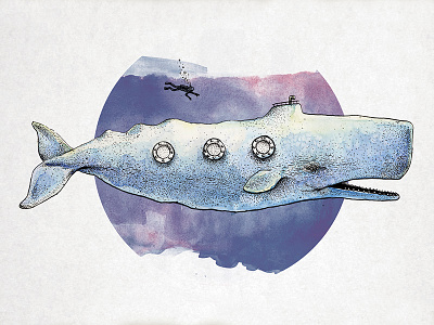 Whale Sub diver drawing ocean pen ink submarine watercolor whale