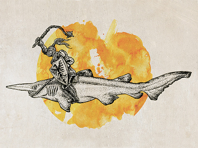 Sea Jousting - Shark Knight 2 of 2 art dots goblin illustration knight pen shark stippling watercolor