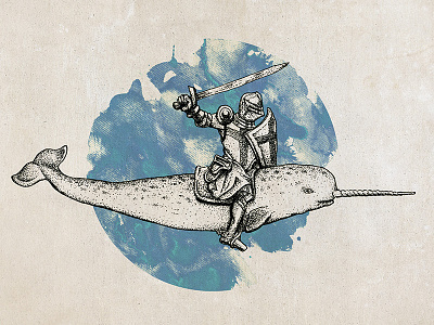 Sea Jousting - Narwhal Knight 1 of 2 art dots illustration knight narwhal pen stippling watercolor