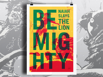 BE MIGHTY - Benaiah Slays the Lion graphic design illustration poster verse art