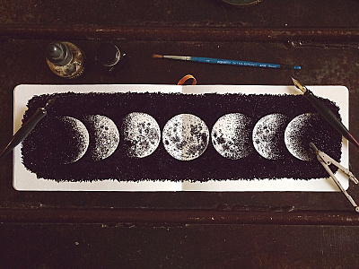 Lunar Cycles hand drawn illustration india ink moon penandink sketch book stippling