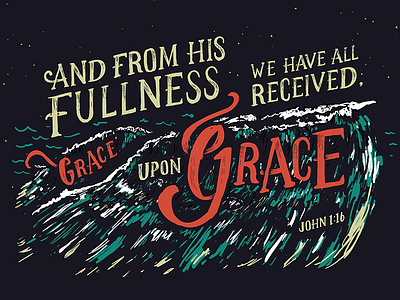 John 1:16 grace hand lettering illustrator ocean typography waves
