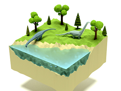 Brontosaurus Island 3d brontosaurus dinosaur game design island jurassic level low poly modeling trees water