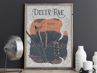 Gig Poster - Delta Rae band cabin cat tail design dragonfly illustration lake poster south sunset