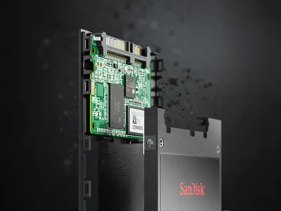 SSD Storage SanDisk Z400s Art-shot 3d 3d visualization c4d cinema 4d circuit closeup electronic engineering hardware hipoly memory pcb product rendering ssd storage tech