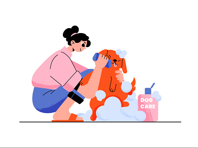 Taking a bath 2d bath branding character design chill cleaning cozy curly hair design dog care friendship fun happy dog home illustration lovely puppy shower ui whashing
