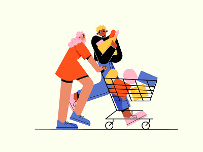 Shopping 2d animation boy branding buy character design chill clothes curly date design food friendship fun girl grocery illustration shop ui walk