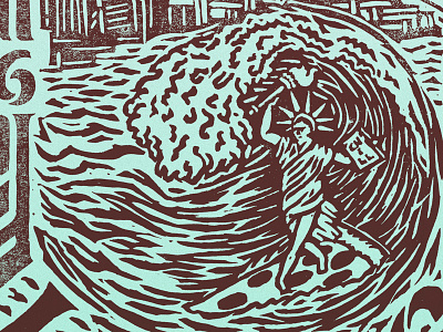 Island Living – Liberty Shredding on a Slice cotton bureau for sale goods linocut new york nyc pizza statue of liberty surf surfing wave woodcut