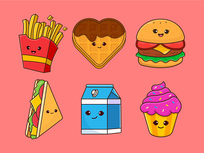 Food Illustration baverage branding cupcake food french fries graphic design hamburger illustration logo milk sandwich waffle