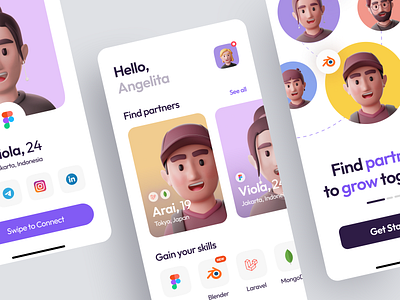 Grow.in - Collaboration & Community App 3d chat collaboration connect conversation dating design match matching minimalist mobile mobile app mobile design social social app social networking swipe ui uiux ux