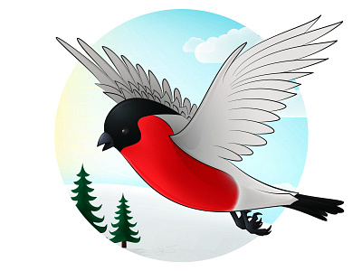 Bullfinch - Action Shot (01) bird bird illustration bullfinch colorful art design digital art digital artwork drawing flying graphic design illustration illustrator light red bird seasonal sky snow vector vector art winter