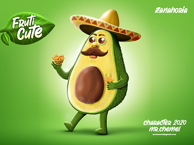 Fruti Cute Aguacate adobe aguacate ayes character charcter divertido eat fruta green illustration mexican mostacho mrchemel nachos painting photoshop sombrero