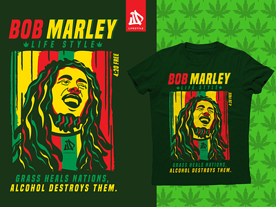 BOB MARLEY 420 bobmarley green happy illinois ilustración ilustrator legalize lifestyle marihuana one love paz red shirtdesign usa yellow