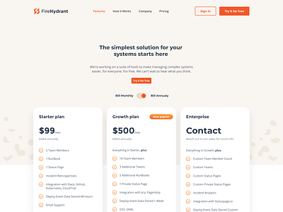 FireHydrant Pricing page branding logo mark minimal plan pricing typography ui ux web website