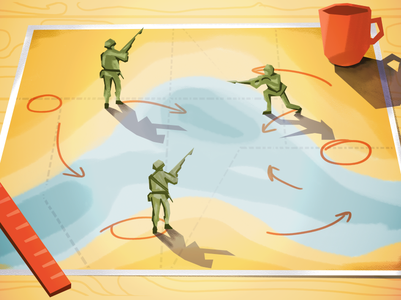 Illustration for Managing remote employees paper illustration kayako scale mug plan map soldier employee remote