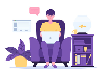 Man sitting on chair with laptop working from home adobe illustrator chair covid flat home illustration illustration art illustrator laptop man pet purple sitting vector work workfromhome working yellow