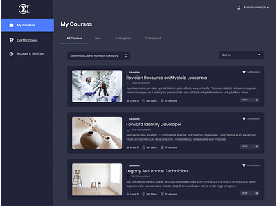 LMS - Learning Management System dark mode design figma. learner learning management system lms my courses search ux web design