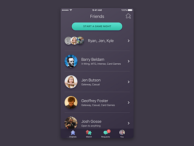 Game Night app design dark ios iphone list ui