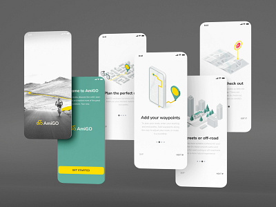 AmiGO mobile app onboarding process screens