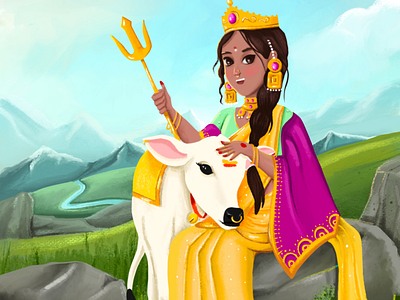 Shailputri- devi from India book illustration character design colour comic concept art cute illustration kids illustration mythical mythology painting procreate