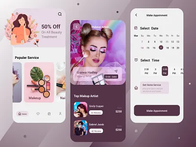 Beauty Service Provider App app appointment beauty booking booking app branding dailyuichallenge design ecommerce event mobile app mobile interface salon service service provider timepicker typography ui ux