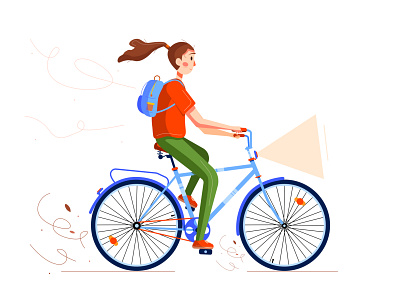 The illustration shows a girl who rides a bicycle activity animation bicycle bicyclist bike cartoon collection cyclist design illustration isolated person ride road set sport transport vehicle white woman