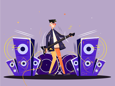 The illustration shows a guy who plays the guitar act activity attractive audience back black boy carefree cheering concert cool electric emotion festival figure guitar guy illustration music silhouette
