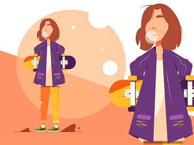 The illustration shows a girl who holds a skate in her hands active beauty caucasian cool cute fashion female girl happy hipster lady leisure lifestyle person skater standing style woman young youth