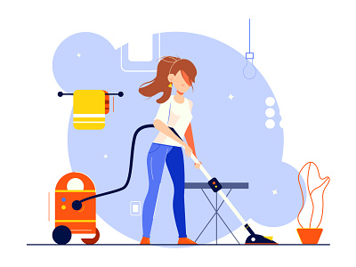 The illustration shows a girl who vacuums the floor carpet cartoon chore female floor girl house household housework hygiene illustration lady maid person room rug service vacuuming woman work