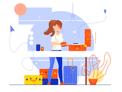 The illustration shows a girl who collects suitcases bag baggage cartoon depart departure document flight floor girl home illustration journey person suitcase take thing trip vacation voyage woman