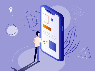 The illustration shows a man who chooses the menu on the phone 3d app application better big button chat creative illustration internet isometric large man mobile person phone screen smartphone technology touching