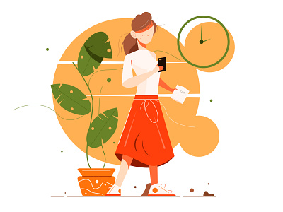 The illustration shows a girl with a phone