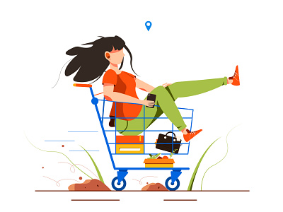 The illustration shows a girl who rides in a cart background business buy buyer cart cartoon character commerce flat girl happy humor illustration mall person ride supermarket trolley woman young