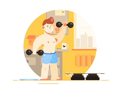 The illustration shows a man who does fitness at home. activity alone coronavirus exercise fitness gym home illustration infection internet isolation laptop man online positive quarantine sport stay training work