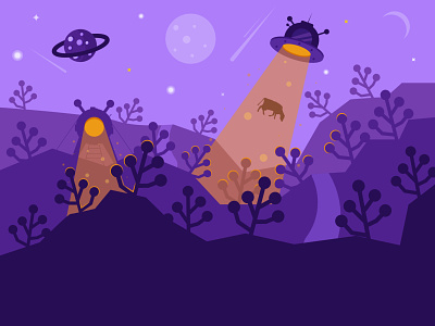 The illustration depicts an alien planet alien animation atmosphere background cartoon cosmos earth fantasy galaxy game horizon horizontal land level moon mountain planet purple satellite star