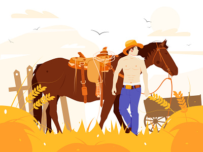 The illustration shows a cowboy with a horse. american animal country cowboy desert hat horse illustration landscape man mountain rodeo scene silhouette sky texas vintage west western wild