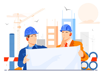 The illustration shows workers who are considering a plan. architect builder cartoon character construction contractor employee engineering foreman handyman hard hat helmet illustration isolated job male man occupation person profession